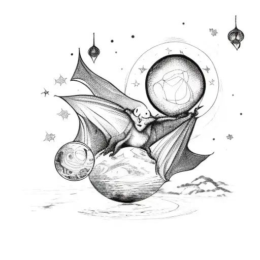 A mystical crystal ball held by a hand reaching out from a starry night sky, with bats flying around it tattoo design idea