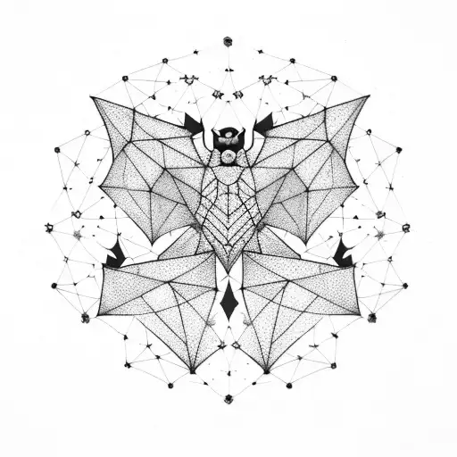A constellation of bats forming a unique pattern in the night sky, with each bat made of different types of crystals tattoo design idea