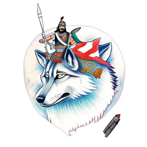 An Indian warrior riding a wolf into battle tattoo design idea