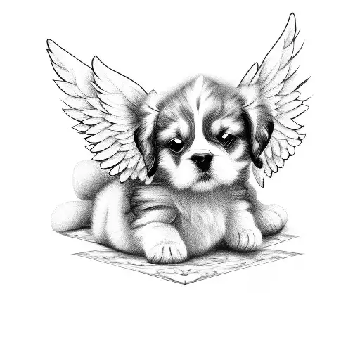 Female angel playing with a puppy dog tattoo design idea
