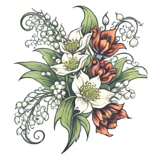 Lily of the valley with Poppy & Chrysanthemum  tattoo design idea