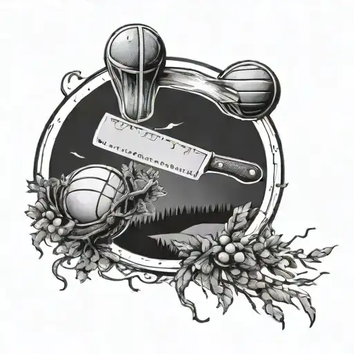 A butcher's knife morphing into a basketball hoop surrounded by countryside scenery tattoo design idea