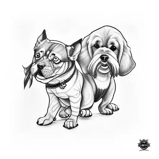 A blackwork tattoo design of a tattooed dog and a tattooed cat hanging out together in a cool skatepark tattoo design idea