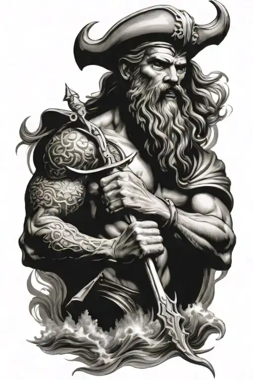 poseidon holding the trident with lightning. his beard turning into rough seas with a tall ship tattoo design idea