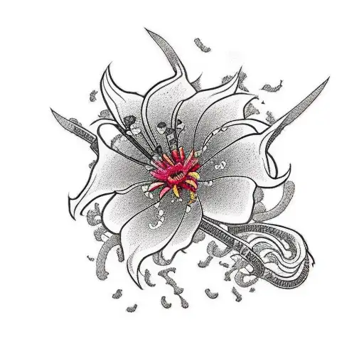 TOMBSTONE WITH SPEARHEAD ON IT WITH RED SPIDER LILY FLOWERS IN FRONT tattoo design idea