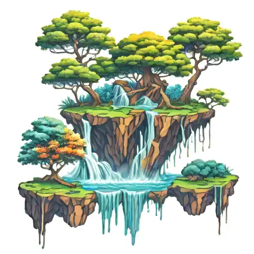 Tree nature waterfall floating island tattoo design idea