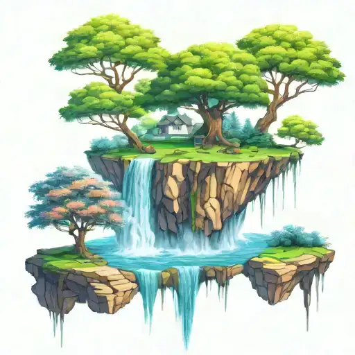 Tree nature waterfall floating island tattoo design idea
