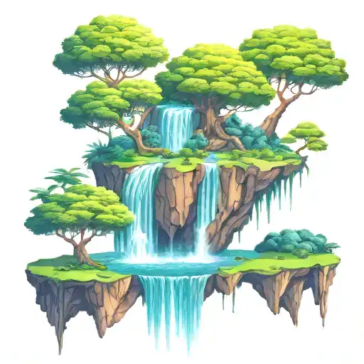Tree nature waterfall floating island tattoo design idea