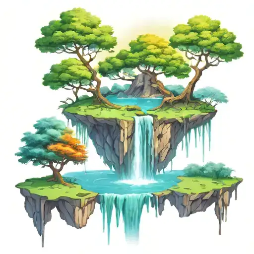 Tree nature waterfall floating island tattoo design idea