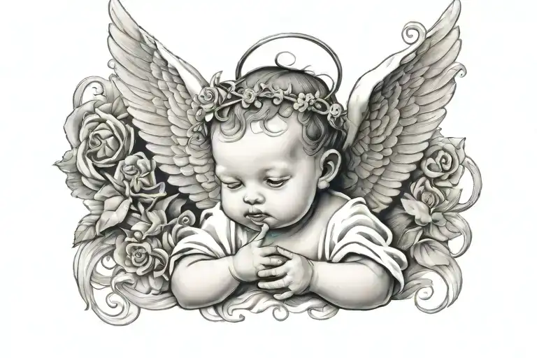 baby angel, doves, smoke tattoo design idea