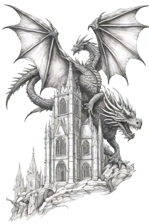 medival dragon with a gothic cathedral in the background tattoo design idea