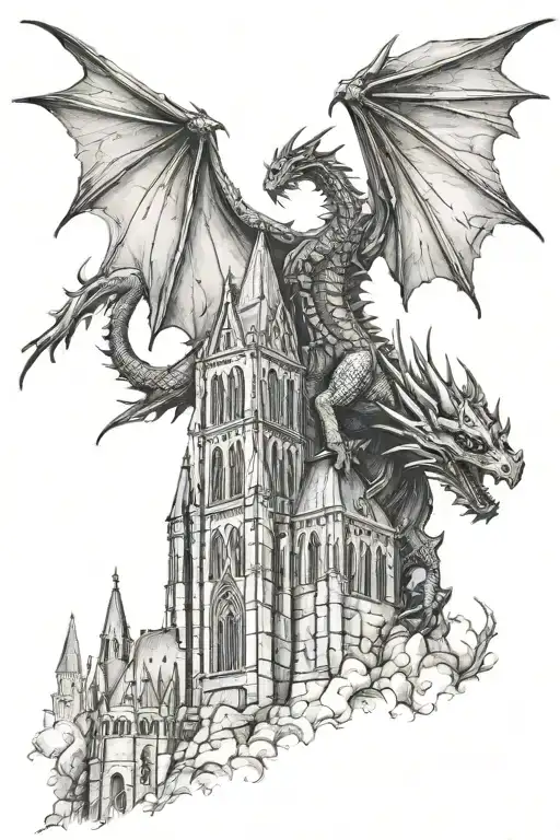 medival dragon with a gothic cathedral in the background tattoo design idea