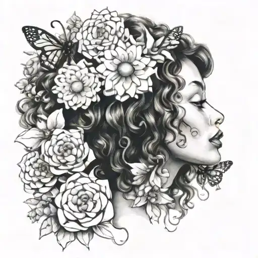 female face side angle curly hair morphing into  flowers and honeycombs ,2 bees flying into 3 planets tattoo design idea