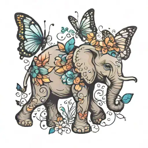 elephant and butterflys flying tattoo design idea
