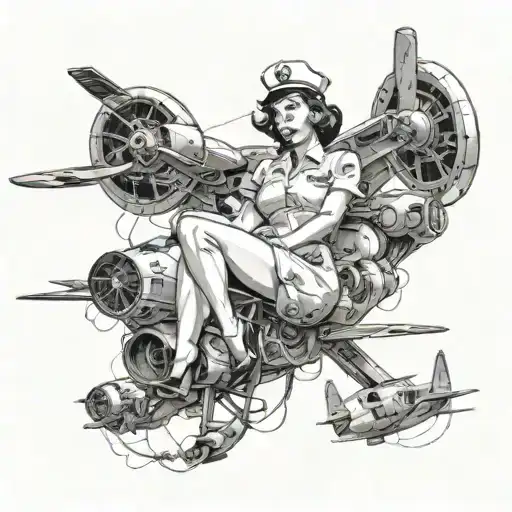pinup nurse stratling on a bomb drone crashing tattoo design idea