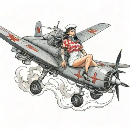 pinup nurse stratling on a bomb drone crashing tattoo design idea