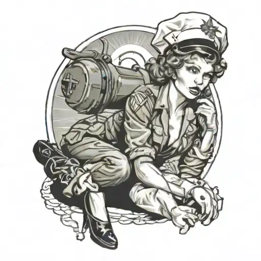 pinup nurse wearing marine corps hat sitter ng on a bomb tattoo design idea