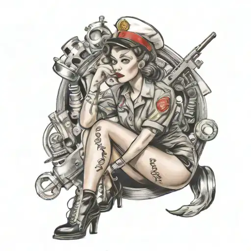 pinup nurse wearing marine corps hat sitting on a bomb tattoo design idea