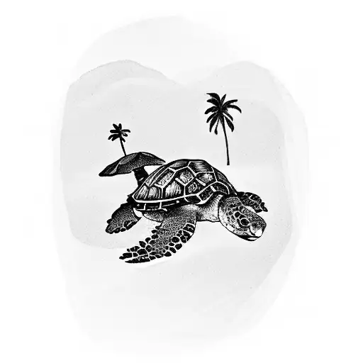 A smaller black and white tattoo design featuring the landscape of Mauritius with a palm tree and a sea turtle, enclosed tattoo design idea