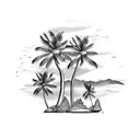 A smaller black and white tattoo design featuring the landscape of Mauritius with a palm tree and a sea turtle, enclosed tattoo design idea