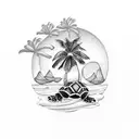A smaller black and white tattoo design featuring the landscape of Mauritius with a palm tree and a sea turtle, enclosed tattoo design idea