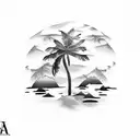 A smaller black and white tattoo design featuring the landscape of Mauritius with a palm tree and a sea turtle, enclosed tattoo design idea