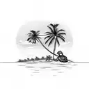 A smaller black and white tattoo design featuring the landscape of Mauritius with a palm tree and a sea turtle, enclosed tattoo design idea