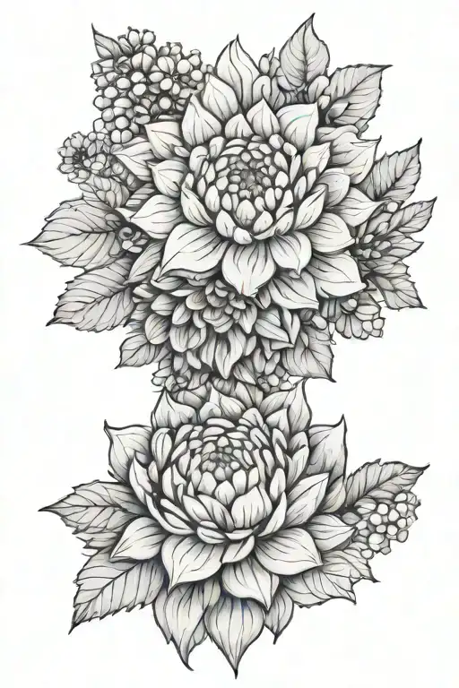 Hydrangea and dahlia mandala with subtle wild flower accents tattoo design idea