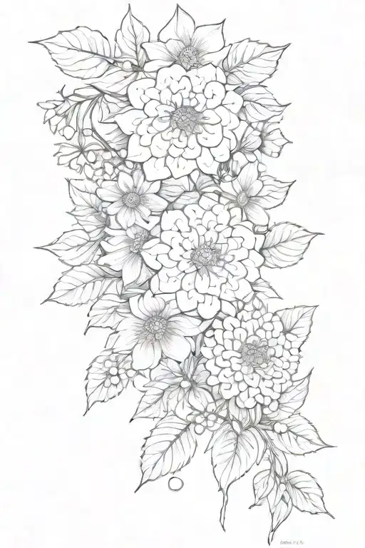 Hydrangea and dahlia vine wrapping around the arm with scattered wild flowers tattoo design idea