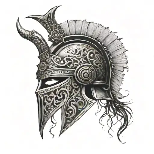 A powerful gladiator helmet adorned with intricate patterns inspired by ancient Rome, with a subtle nod to your passion for dios tattoo design idea