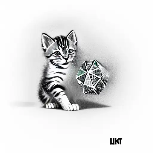 kitten playing with a 20 sided dice nearby tattoo design idea
