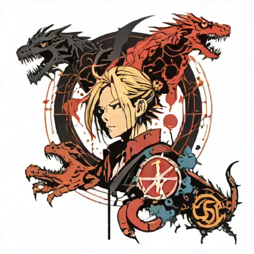 ora boras from full metal alchemist alchemy circle with playstation symbols and a spirited away dragon, and a handprint  tattoo design idea