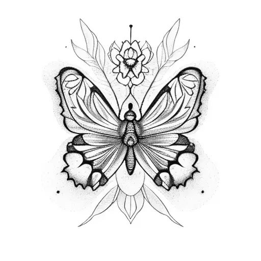 3 butterflies in asymmetrical. marigold flower and comos flower with stems that are in the middle of the butterflies tattoo design idea