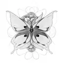 3 butterflies in asymmetrical. marigold flower and comos flower with stems that are in the middle of the butterflies tattoo design idea