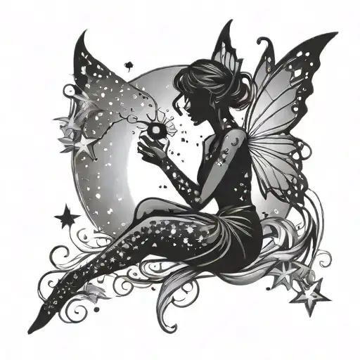 silhouette fairy blowing stars tattoo design idea
