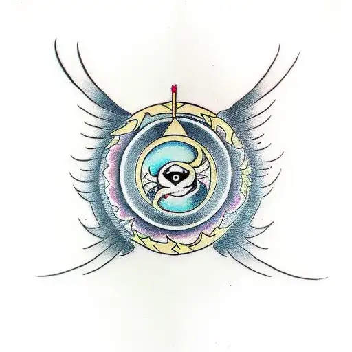 Yin yang bow and arrow angel and devil wings tattoo design idea