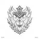 A geometric design combining symbols of wisdom and strength, such as an owl and a lion, in a blackwork style tattoo design idea