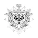 A geometric design combining symbols of wisdom and strength, such as an owl and a lion, in a blackwork style tattoo design idea