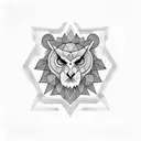 A geometric design combining symbols of wisdom and strength, such as an owl and a lion, in a blackwork style tattoo design idea