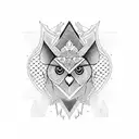 A geometric design combining symbols of wisdom and strength, such as an owl and a lion, in a blackwork style tattoo design idea