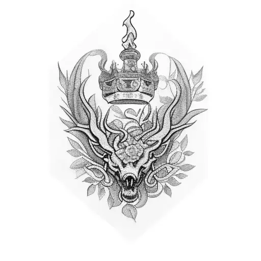 An intricate black-grey tattoo showcasing the Escudo de Navarra surrounded by lush vegetation inspired by Arruazu tattoo design idea