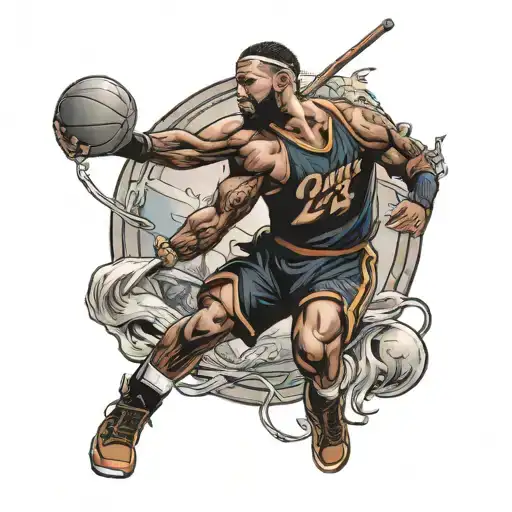 A tattoo of a Cleveland Cavaliers basketball player catching a fish in a wrestling ring, with a subtle nod to God in the background tattoo design idea