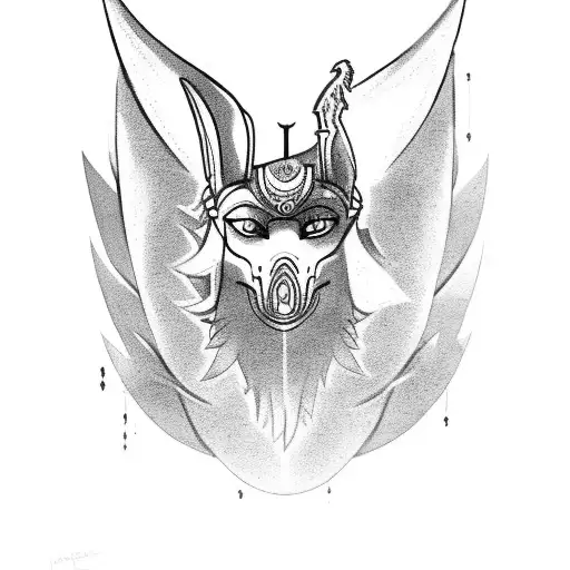 A mythical battle between Anubis and a phoenix in a black and grey style tattoo design idea