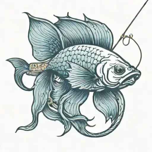 betta fish holding a fishing rod tattoo design idea
