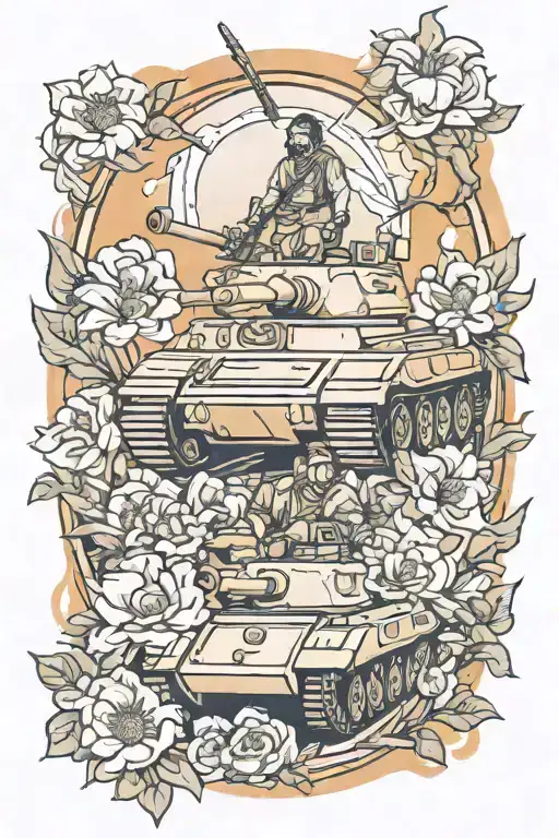 soliders tanks battle field flowers surrounding Jesus stripped tattoo design idea