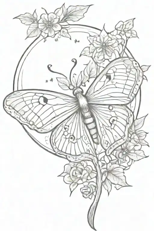 luna moth, moon, stars, leaves, flowers tattoo design idea