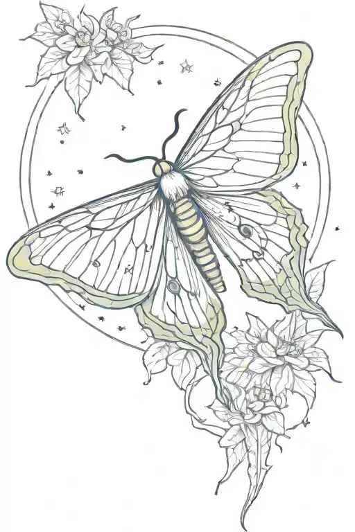 luna moth, moon, stars, leaves tattoo design idea