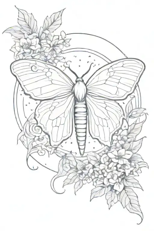 luna moth, moon, stars, leaves, flowers, symmetrical tattoo design idea