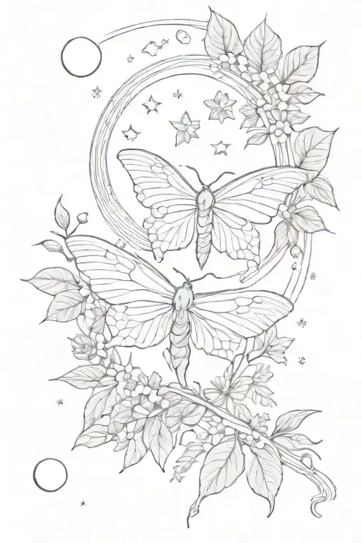 luna moth, moon, stars, leaves tattoo design idea