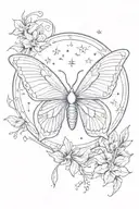 luna moth, moon, stars, leaves, flowers, symmetrical tattoo design idea